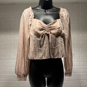 Blush Pink Tie Front Blouse Long Sleeve Sheer Swiss Dot Top